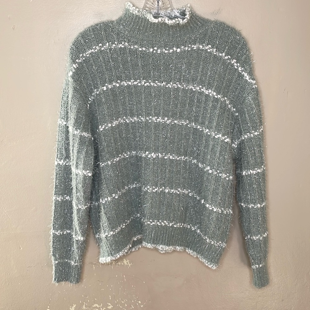 OPHELIA ROE Chunky Sweater Green & White Silver Eyelash Stretchy Mock Neck Med